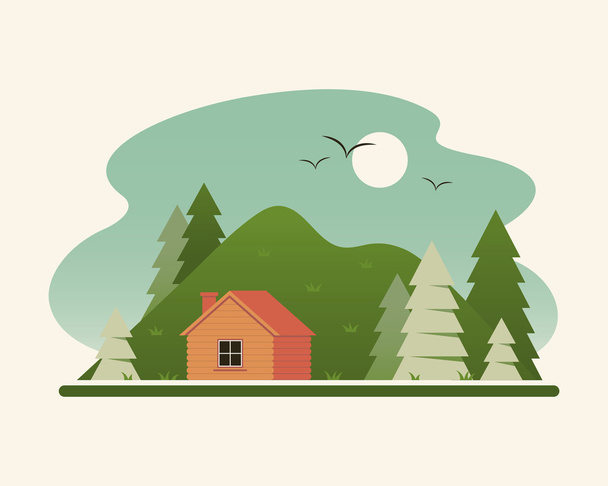 Vintage landscape with wooden house in the mountains. - Vector, Imagen