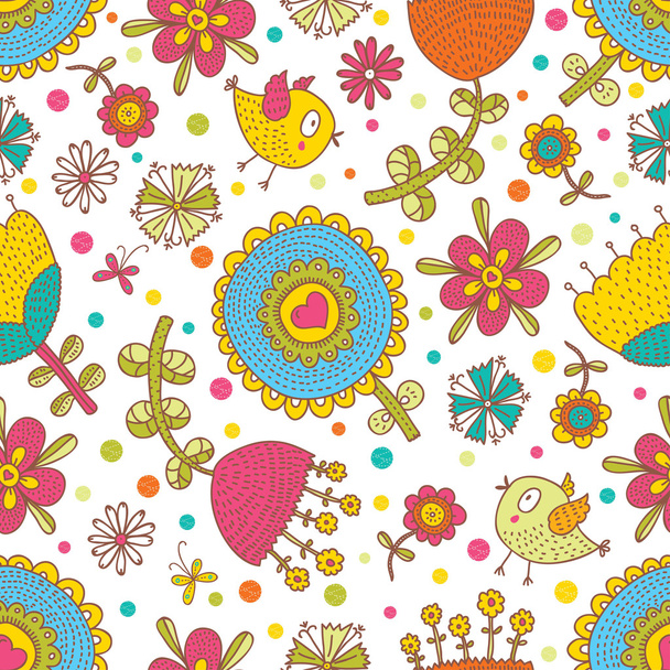pattern with cartoon birds in flowers - Vettoriali, immagini
