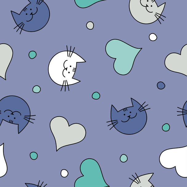 Seamless vector background with with decorative cats, hearts and polka dots - ベクター画像