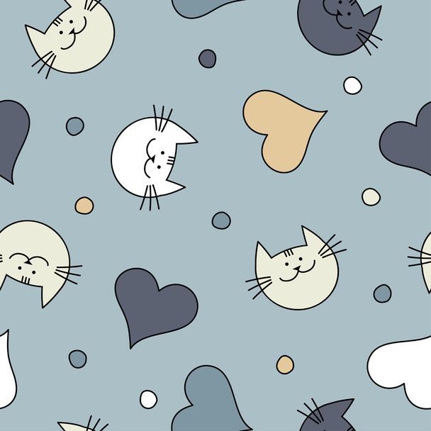 Seamless vector background with with decorative cats, hearts and polka dots - Vector, Imagen