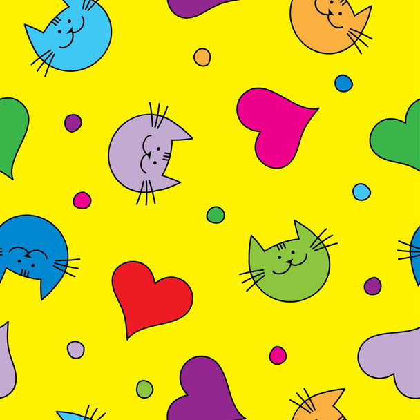 Seamless vector background with with decorative cats, hearts and polka dots - Διάνυσμα, εικόνα
