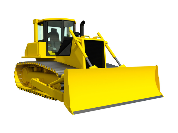 Three-dimensional raster illustration of a bulldozer. Yellow bulldozer. Construction machinery. - 写真・画像