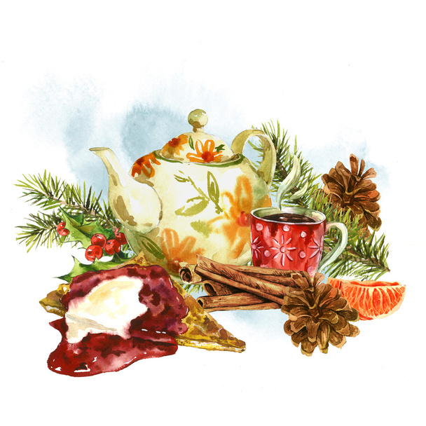 Karácsonyi akvarell üdvözlés kártya-val édes desszert - Fotó, kép