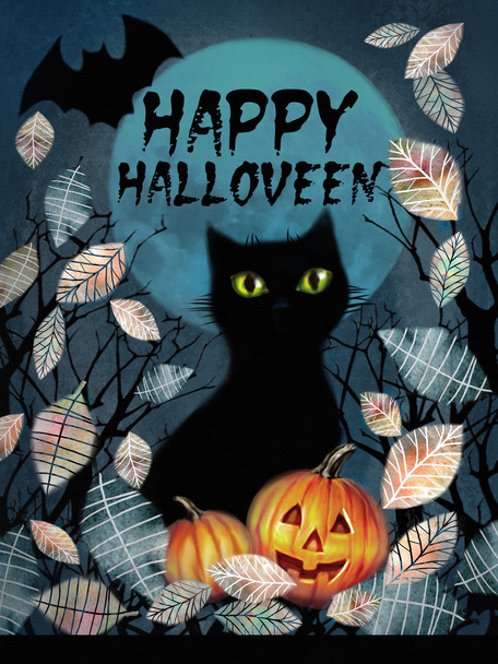 幸せなハロウィーンのグリーティング カード。秋のツリー、ブラック ・ キャット、満月の背景に落ち葉の上の pumnkins と夜の暗い森に飛んでいる蝙蝠不気味な背景. - 写真・画像