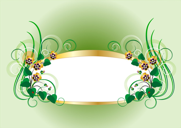 Gold frame with bouquets of pansy on a light green background - Vector, Image