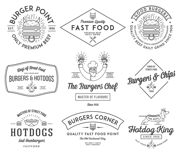 Fast food badges and icons black on white 3 - Вектор,изображение