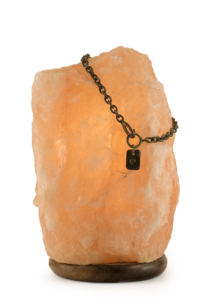 Salt lamp with chain and heart isolated on white background - Photo, Image
