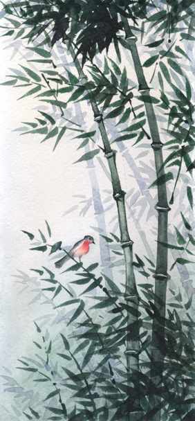 ptaszek w bambusowym gaju. obraz w stylu japońskim - Zdjęcie, obraz