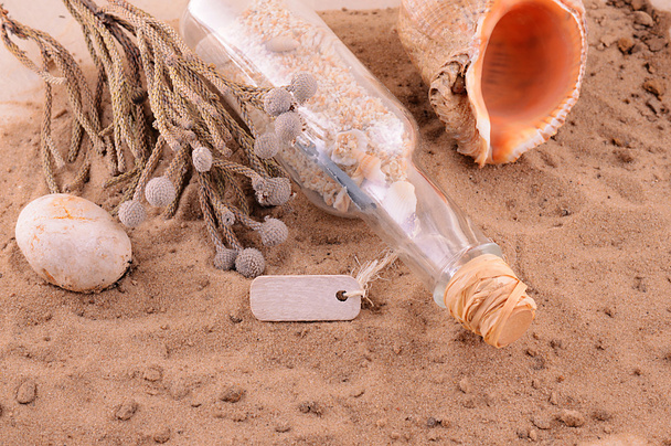 playa de arena con carta en botella y conchas
. - Foto, imagen