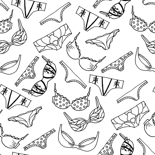 Lingerie seamless pattern. Vector underwear background design. Outline hand drawn illustration. Bras and panties fashion doodle. - Vecteur, image