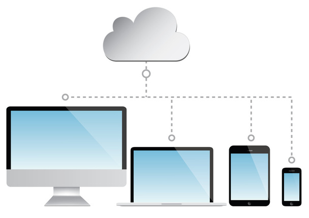Cloud computing - laptop, tabletta és okostelefon vektor - Vektor, kép