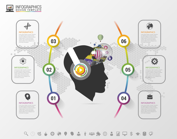 Infographics. Creative mind with headphones. Modern colorful template with icons. Vector illustration - Vetor, Imagem