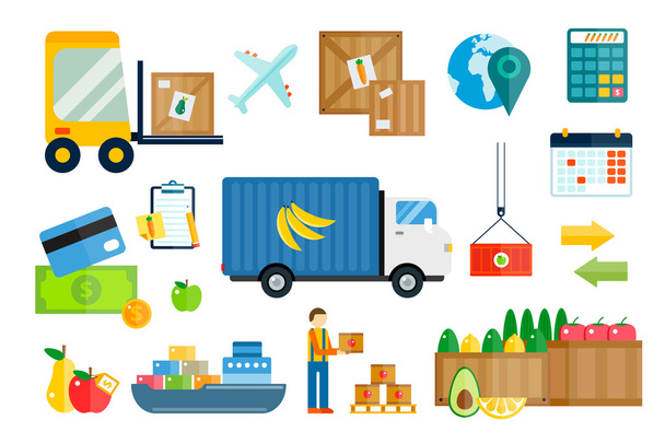 Import export gyümölcsök és zöldségek szállítási vektoros ikonok beállítása - Vektor, kép
