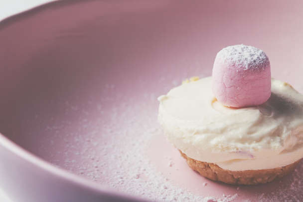 Single mini vanilla cheesecake with pink marshmellow - Zdjęcie, obraz