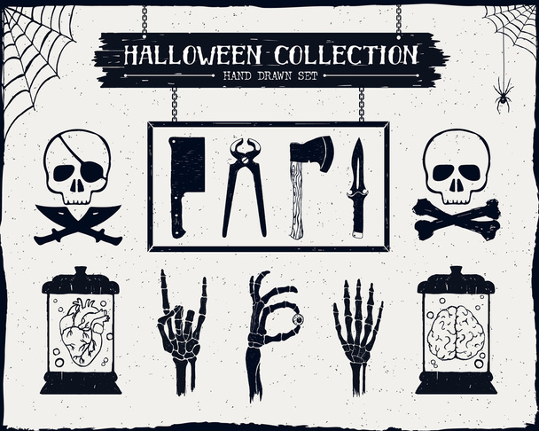 Halloween set of steel arms, skulls, and skeleton hands illustrations. - Vector, imagen