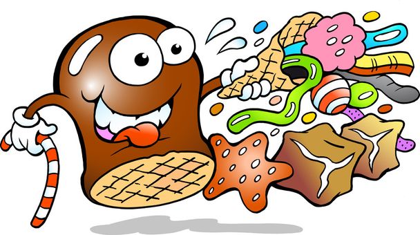 Wektor ilustracja kreskówka Cream Puff gospodarstwa stożek z wyborem pyszne cukierki - Wektor, obraz