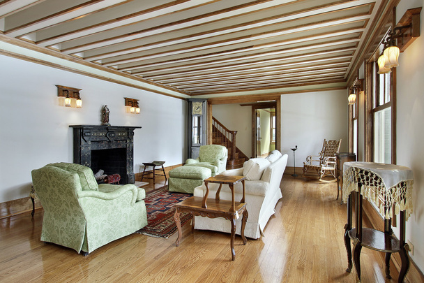 Living room with wood trimmed ceiling - Fotoğraf, Görsel