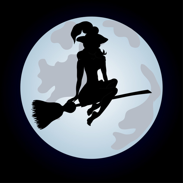 Czarownica na Zamiatarka na tle pełni księżyca - Wektor, obraz