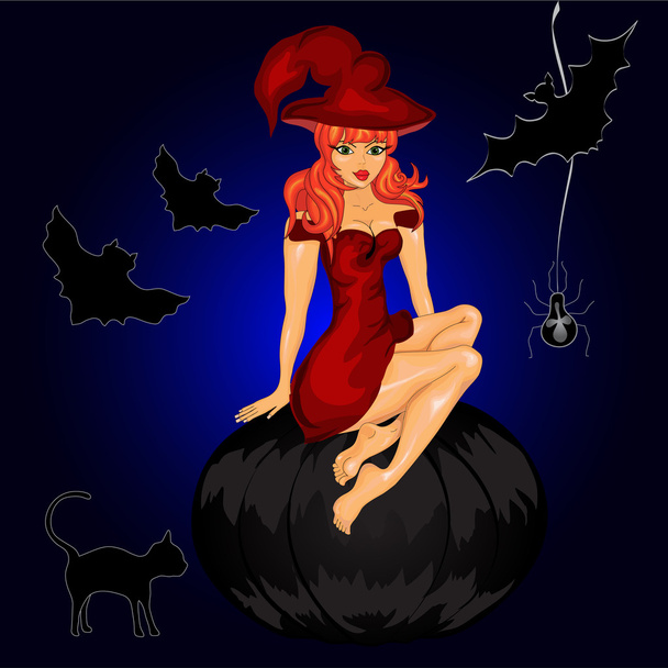 Halloween background with witch and pumpkin - Vector, Image