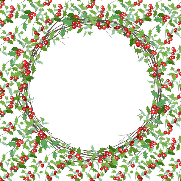 Round Christmas wreath with holly branches isolated on white. For festive design, announcements, postcards, invitations, posters. - Vektör, Görsel