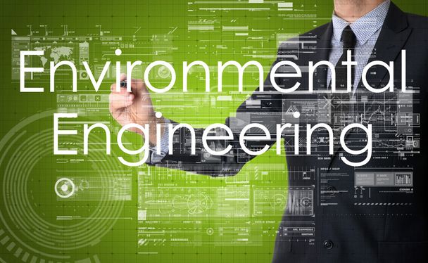 бізнесмен пише технологічну термінологію на віртуальному екрані - екологічна інженерія
 - Фото, зображення