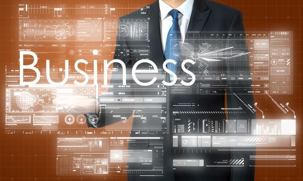 the businessman is presenting the business text with the hand: Business - Photo, Image