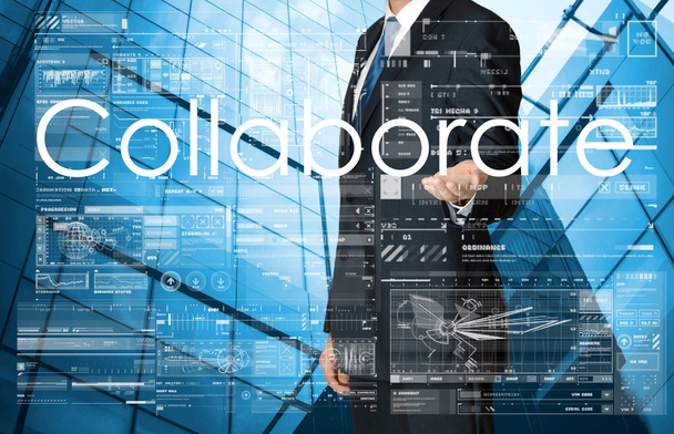 businessman presenting Collaborate text, graphs and diagrams - Foto, imagen