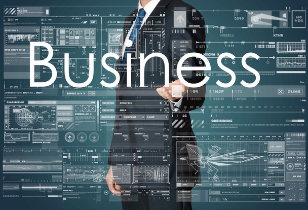 the businessman is presenting the business text with the hand: Business - Photo, Image