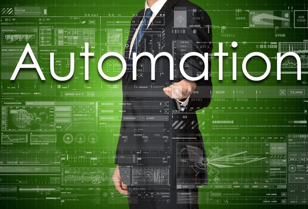 the businessman is presenting the business text with the hand: Automation - Photo, Image