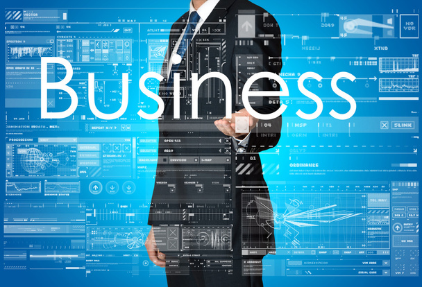 de zakenman is de presentatie van de business-tekst met de hand: Business - Foto, afbeelding