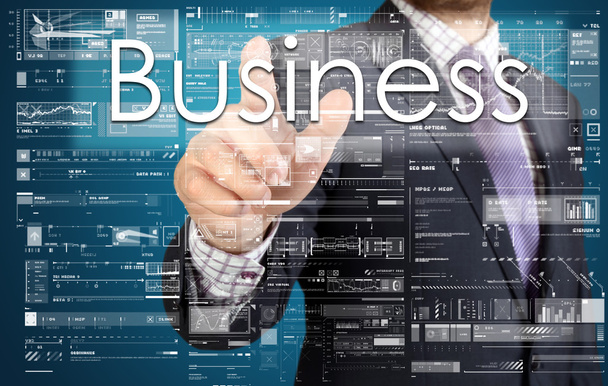 biznesmen jest naciśnięcie przycisku na ekranie dotykowym: biznes - Zdjęcie, obraz