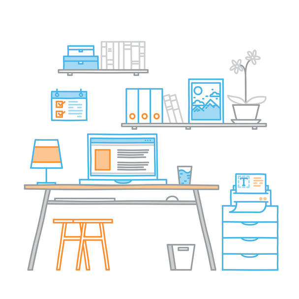 Hand drawn office workspace minimalistic linear style concept work at home, freelance,  programming process designer workplace - Vector, Image