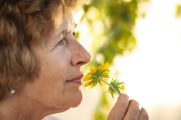 Granny smells a yellow flower - Foto, Imagen