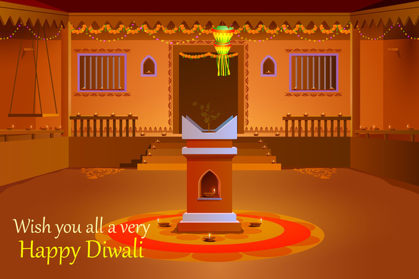 Casa india decorada con diya en la noche Diwali
 - Vector, imagen