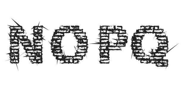 Високо деталізований чорний порожній декоративний агресивний цегляний вінтажний шрифт. Листи N, O, P, Q. Векторні ілюстрації
 - Вектор, зображення