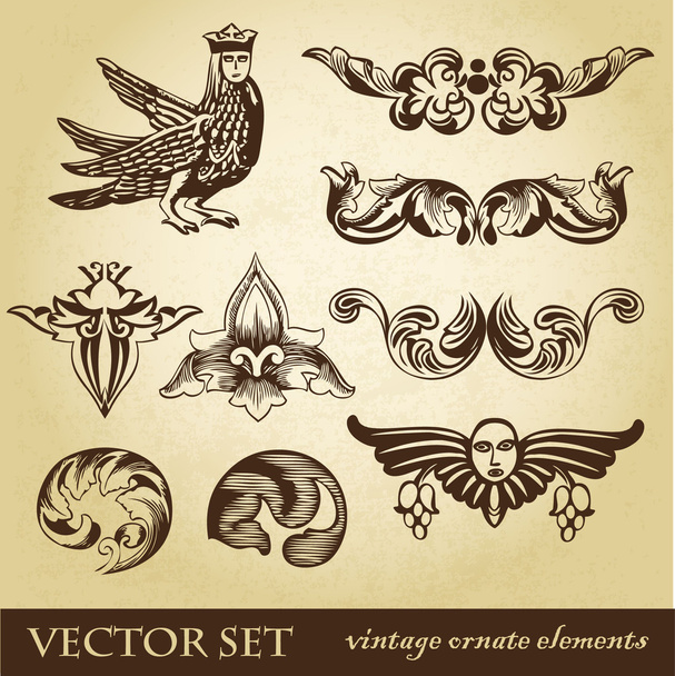 Vector set of vintage design elements and whimsical animals or peoples - Διάνυσμα, εικόνα