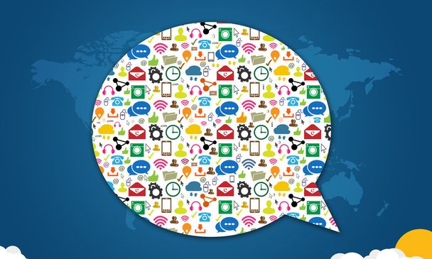 Social Media ikony z dymek na niebieskim tle - Zdjęcie, obraz