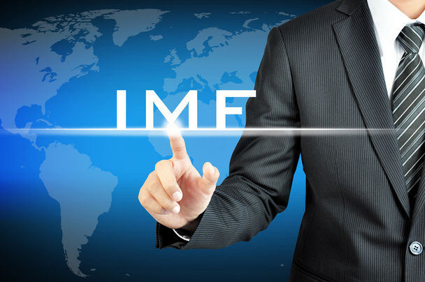 Geschäftsmann Hand zeigt auf imf (Internationaler Währungsfonds) Zeichen auf virtuellen sceen - Foto, Bild