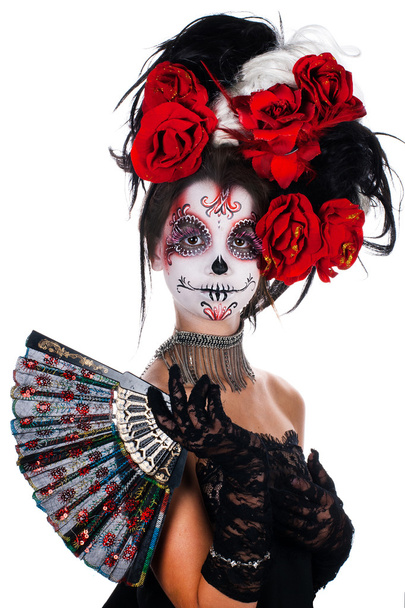 Girl with make-up in the style of Halloween. sugar skull styling. Isolated on white background. - Fotó, kép