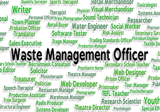 Λειτουργός διαχείρισης αποβλήτων δείχνει διευθυντής λέξεις και αφεντικά - Φωτογραφία, εικόνα
