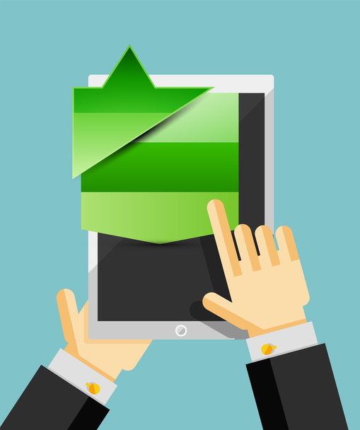 Empresario manos en la tableta móvil con caja de diálogo web
 - Vector, Imagen