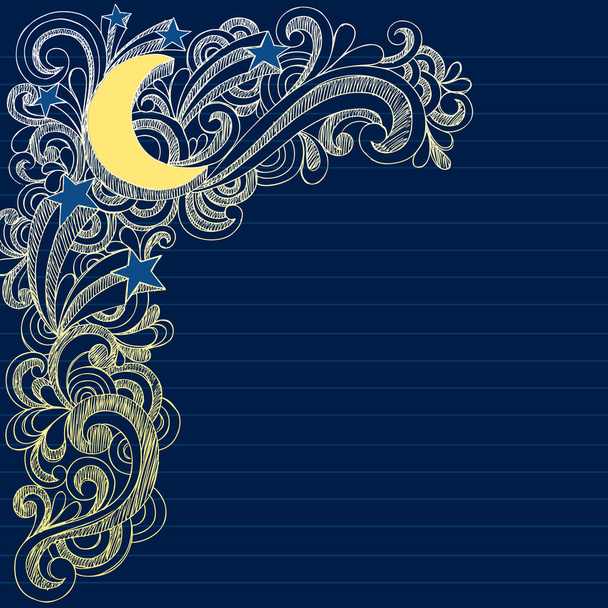 Hold és a csillagok éjszakai égbolt vázlatos Notebook-osok - Vektor, kép