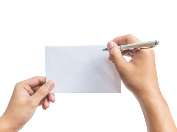 hand holding pen and envelope isolated - Foto, imagen
