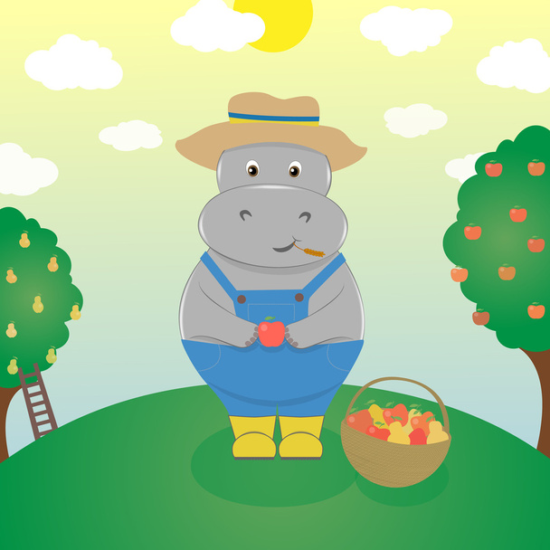 Smiling cartoon hippo farmer at harvest time - Wektor, obraz