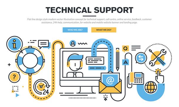 Flat line design vector illustration concept for technical support - Vector, Image