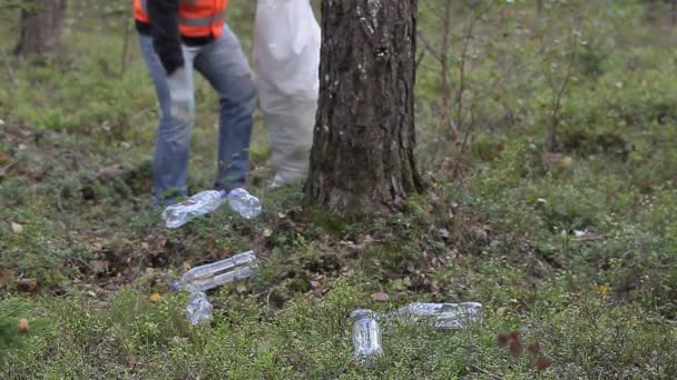Mann mit Tasche sammelt gebrauchte Plastikflaschen im Wald auf - Filmmaterial, Video