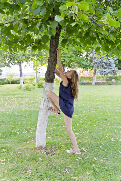 Girl in summer try to jump on tree - Foto, immagini