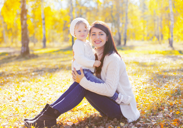 Onnellinen hymyilevä äiti, jolla on pieni lapsi leikkimässä aurinkoisessa syksyllä p
 - Valokuva, kuva