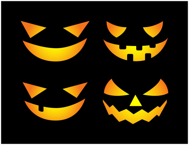 Halloween scary pumpkin face vector illustration set, Jack O Lantern smile isolated on black background. Scary orange picture with eyes in the dark. - Vektor, kép