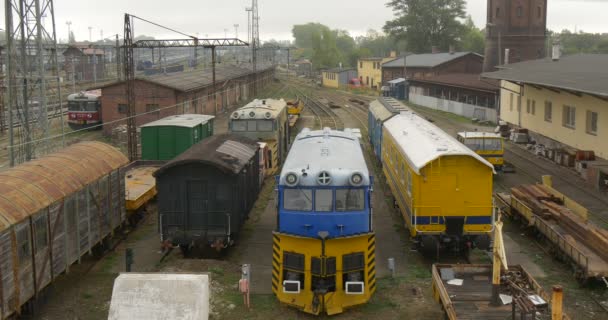 Freight Trains at Railroad Railway Station Front Windows Buildings Towers Wires Cloudy Weather Gray Sky in Opole Poland Green Trees on a Horizon Fall - Footage, Video